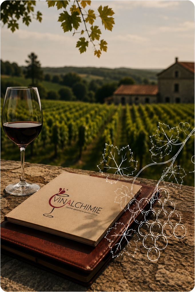 Verre de vin rouge et carnet Vinalchimie devant un vignoble et un domaine viticole.